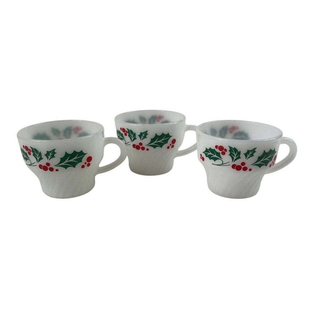 Termocrisa Holly Berry Milk Glass Tea Cups Christmas Set of 3
